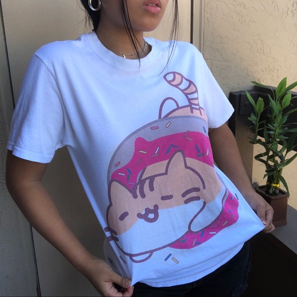 Donut Cat White Tee Shirt HANDMADE - Picture 1 of 4